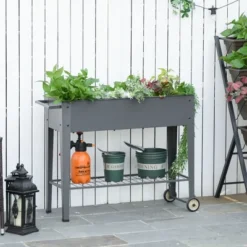 Outsunny 41" X 15" X 32" Raised Garden Bed Elevated With 2 Wheels, Bottom Shelf For Storing Tools, & Water Drainage Hole