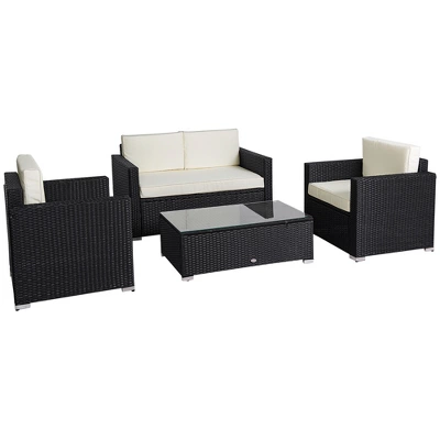 Outsunny 4-Piece Rattan Wicker Furniture Set, Outdoor Cushioned Conversation Furniture With 2 Chairs, Loveseat, And Glass Coffee Table - Image 7