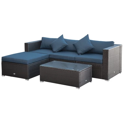 Outsunny 5 Piece Patio Wicker Furniture Set, Outdoor Sectional Sofa Set Rattan Conversation Sets With Tempered Glass Tabletop Coffee Table And Ottoman For Garden, Balcony, Backyard - Image 8