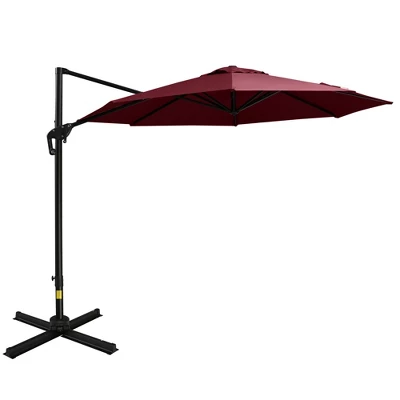 Outsunny 9.8' Offset Patio Umbrella With Base, Steel Aluminum Cantilever Umbrella With 360-degree Rotation, Tilt, 8 Ribs, Crank, Cross Base, Red - Image 3