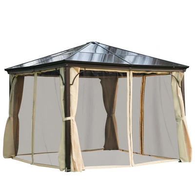 Outsunny 10x12 Polycarbonate Hardtop Gazebo, Gazebo Canopy With Aluminum Frame, Curtains And Netting For Garden, Patio, Backyard, Beige - Image 7