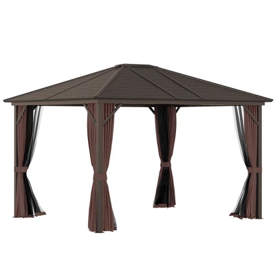 Outsunny 10' X12' Hardtop Gazebo With Aluminum Frame, Permanent Metal Roof Gazebo Canopy With 2 Hooks, Curtains And Netting For Garden - Image 8