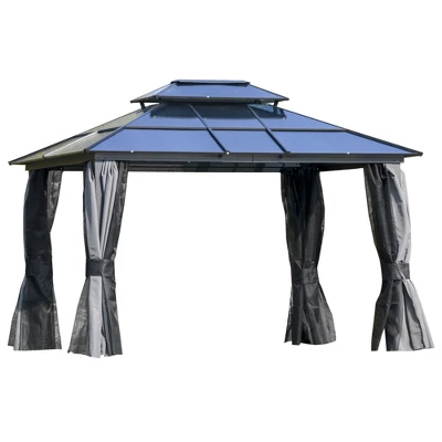 Outsunny Hardtop Gazebo Outdoor Polycarbonate Canopy Aluminum Frame Pergola With Double Vented Roof, Netting & Curtains For Garden - Image 8
