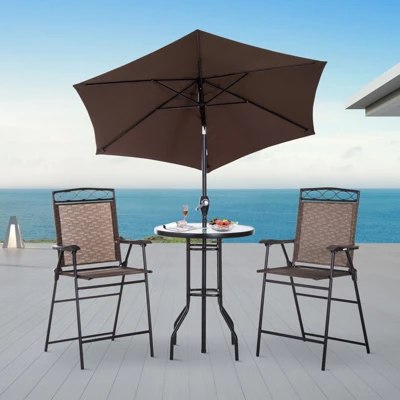 Outsunny 4 Piece Patio Bar Set For 2 With 6' Adjustable Tilt Umbrella, Outdoor Bistro Set With Folding Chairs & Glass Round Dining Table