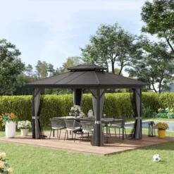 Outsunny 10' X 12' Metal Hardtop Gazebo With Mesh Sidewalls & Curtains, Double Roof Pavilion For Patio, Backyard, Deck, Porch, Gray