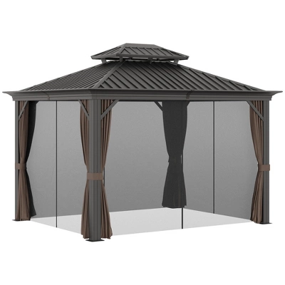 Outsunny Patio Gazebo 12' X 10', Netting & Curtains, Double Vented Steel Roof, Permanent Hardtop, Ceiling Hooks, Rust Proof Aluminum Frame, Dark Brown - Image 3