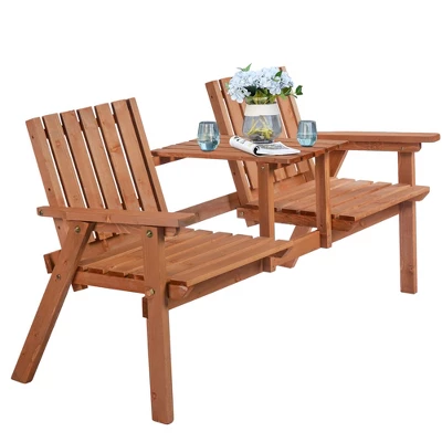 Outsunny Wooden Garden Bench With Umbrella Hole & Middle Table, Outdoor Loveseat With Weather-Fighting Material 2 Person Chair For Garden, Patio, Balcony - Image 3