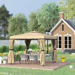 Outsunny 10' X 10' Patio Gazebo Outdoor Canopy Shelter With Double Tier Roof, Netting And Curtains For Garden, Lawn, Backyard And Deck