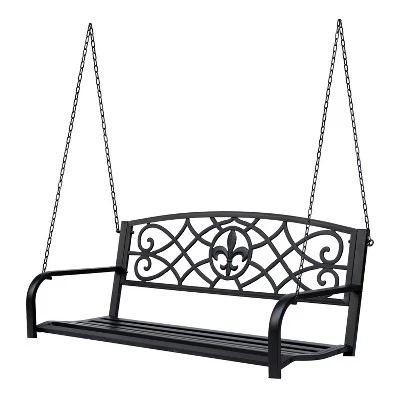 Outsunny Steel Hanging Porch Swing, Fleur-de-Lis Design Outdoor Swing Seat Bench With Chains For The Yard, Deck, & Backyard, 485 LBS Weight Capacity - Image 6