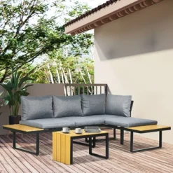 Outsunny 3 Piece Patio Furniture Set, Outdoor Sofa Set With Chaise Lounge & Loveseat, Soft Cushions, Woodgrain Plastic Table, L-Shaped Sectional, Gray