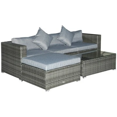 Outsunny 5 Piece Patio Wicker Furniture Set, Outdoor Sectional Sofa Set Rattan Conversation Sets With Tempered Glass Tabletop Coffee Table And Ottoman For Garden, Balcony, Backyard - Image 6