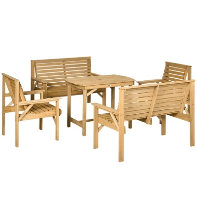 Outsunny 5 Piece Patio Furniture, 6 Seat Outdoor Dining Set, Natural Wood Dinner Table, 2 Chairs, Loveseats With Armrests & Umbrella Hole, Light Brown - Image 3
