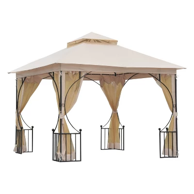 Outsunny 10' X 10' Patio Gazebo Canopy Outdoor Pavilion With Mesh Netting SideWalls, 2-Tier Polyester Roof, & Steel Frame Beige - Image 3