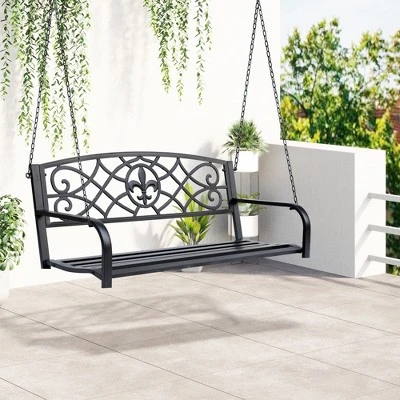 Outsunny Steel Hanging Porch Swing, Fleur-de-Lis Design Outdoor Swing Seat Bench With Chains For The Yard, Deck, & Backyard, 485 LBS Weight Capacity - Image 2
