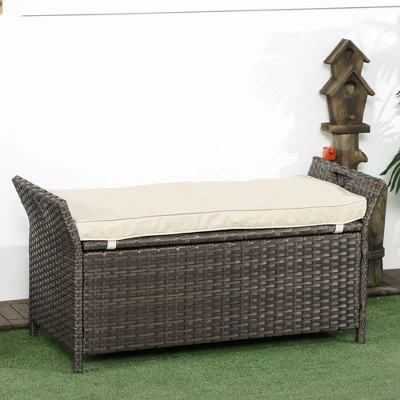 Outsunny Outdoor PE Rattan Two-In-One Storage Bench, Patio Wicker Large Capacity Footstool Rectangle Basket Box W/ Handles & Cushion - Image 2