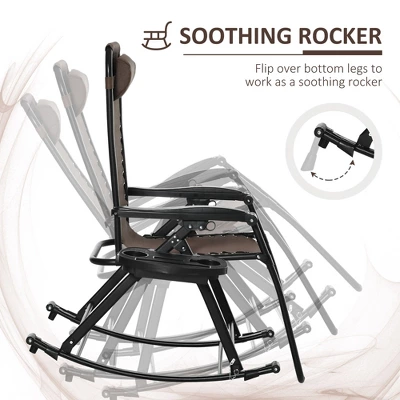 Outsunny Outdoor Rocking Chairs, Foldable Reclining Zero Gravity Lounge Rocker W/ Pillow, Cup & Phone Holder, Combo Design W/ Folding Legs, Brown - Image 4