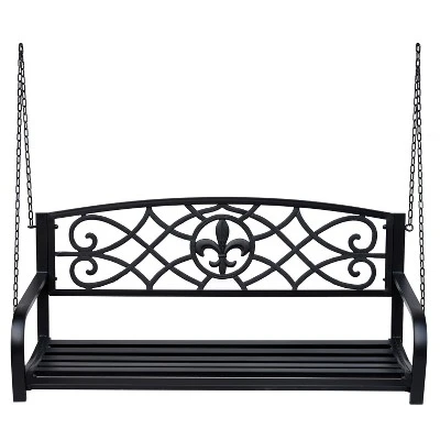 Outsunny Steel Hanging Porch Swing, Fleur-de-Lis Design Outdoor Swing Seat Bench With Chains For The Yard, Deck, & Backyard, 485 LBS Weight Capacity - Image 3