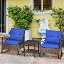 Outsunny 3 Piece Rocking Bistro Set, Outdoor Wicker Patio Furniture, 2 Porch Rockers, Table, Tufted Cushions, Conversation Set, Dark Blue