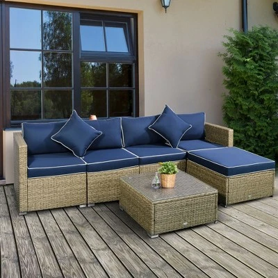 Outsunny 6 Pieces Outdoor PE Rattan Sofa Set, Sectional Conversation Wicker Patio Couch Furniture Set With Cushions And Coffee Table - Image 2