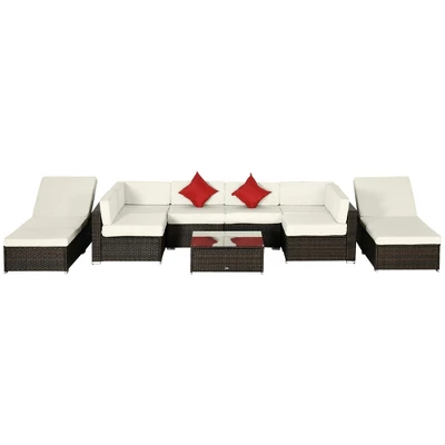 Outsunny 9-Piece Outdoor Patio Sectional Furniture Set, Cushions, Pillows, 2 Reclining Chaise, Outdoor Coffee Table, Wicker Sofa Set, Cushions, Beige - Image 2