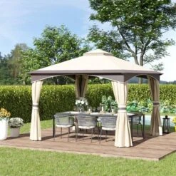 Outsunny 10' X 10' Outdoor Gazebo With Mesh Netting Sidewalls For Shade And Rain, Patio Gazebo Canopy With 2-Tier Soft Top Roof And Steel Frame For Lawn, Garden, Backyard And Deck
