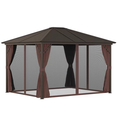Outsunny 10' X12' Hardtop Gazebo With Aluminum Frame, Permanent Metal Roof Gazebo Canopy With 2 Hooks, Curtains And Netting For Garden - Image 3
