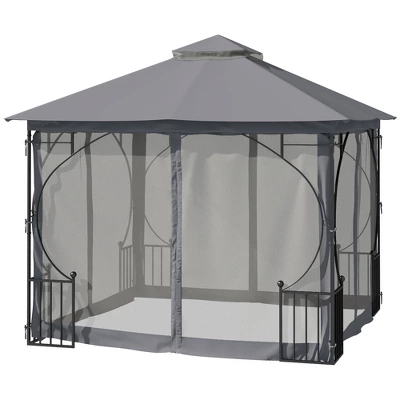 Outsunny 10' X 10' Patio Gazebo Canopy Outdoor Pavilion With Mesh Netting SideWalls, 2-Tier Polyester Roof, & Steel Frame, Dark Gray - Image 3