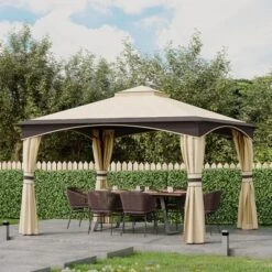 Outsunny Outdoor Gazebo With Mesh Netting Sidewalls For Shade And Rain, Patio Gazebo Canopy With 2-Tier Soft Top Roof And Steel Frame For Lawn, Garden, Backyard And Deck