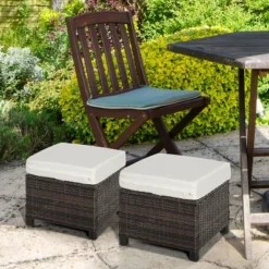 Outsunny 2 Pc 20" Outdoor PE Rattan Wicker Ottoman, Fade-Resistant Patio Footrest With Soft Cushion, Steel Frame, Brown, White