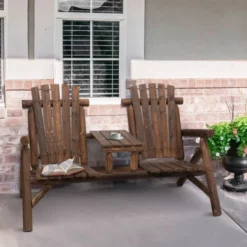 Outsunny Wood Adirondack Patio Chair Bench With Center Coffee Table, Perfect For Lounging And Relaxing Outdoors
