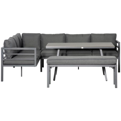 Outsunny 4 Piece Patio Furniture Set, Outdoor L-Shaped Sectional Sofa With 2 Couches, Bench, Dining Table, Cushions, Aluminum Conversation Set, Gray - Image 2