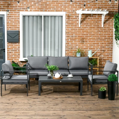 Outsunny Patio Furniture Set 4 Pieces, Outdoor Conversation Set With Water-Resistant Cushions, Coffee Table, 3-Seater Sofa, 2 Chairs For Porch, Gray - Image 2