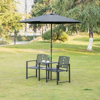 Outsunny Metal Garden Bench With Middle Table And Umbrella Hole, 2-in-1 Double Patio Chairs, Outdoor 2-person Tete-a-Tete, Slatted, Black - Image 8