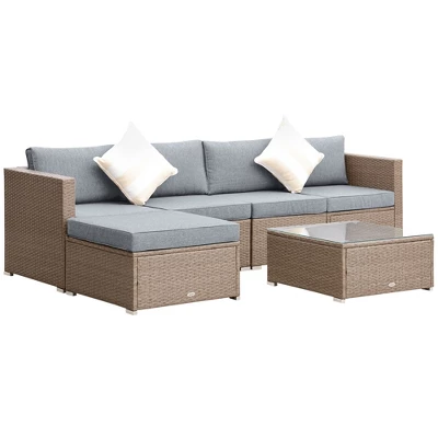 Outsunny 6 Piece Patio Furniture Set Outdoor Wicker Conversation PE Rattan Sectional Sofa Set With Ottoman, Tempered Glass Table, Gray - Image 2