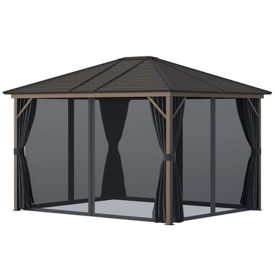 Outsunny 10' X12' Hardtop Gazebo With Aluminum Frame, Permanent Metal Roof Gazebo Canopy With 2 Hooks, Curtains And Netting For Garden - Image 9