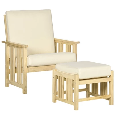 Outsunny Patio Furniture Set, Wood Outdoor Patio Chair With Ottoman, 2 Piece Cushioned Outdoor Lounge Chair, Sofa Chair With Footrest, Beige - Image 3