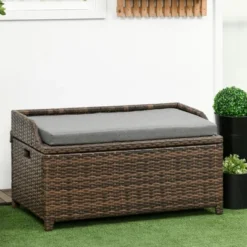 Outsunny Storage Bench Rattan Wicker Garden Deck Box Bin With Interior Waterproof Bag And Comfy Cushion, Gray