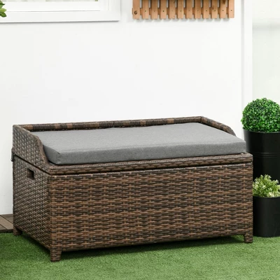 Outsunny Storage Bench Rattan Wicker Garden Deck Box Bin With Interior Waterproof Bag And Comfy Cushion, Gray