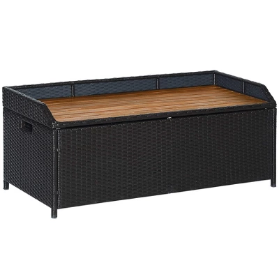 Outsunny Outdoor Storage Bench Wicker Deck Boxes With Wooden Seat, Gas Spring, Rattan Container Bin With Lip, Ideal For Storing Tools, Accessories And Toys - Image 6