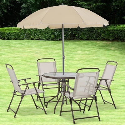 Outsunny 6 Piece Patio Dining Set For 4 With Umbrella, 4 Folding Dining Chairs & Round Glass Table For Garden, Backyard And Poolside - Image 2