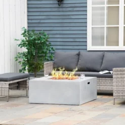 Outsunny 36" Firepit Table For Outside, 50,000 BTU Large Rectangular Stone Gas Firepit With Lava Rocks & Rain Cover, Fits 20lb Tank, Gray