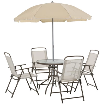 Outsunny 6 Piece Patio Dining Set For 4 With Umbrella, 4 Folding Dining Chairs & Round Glass Table For Garden, Backyard And Poolside - Image 3
