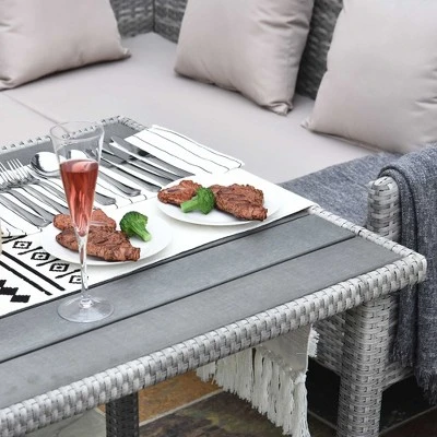 Outsunny 5 Piece Patio Furniture Set, Outdoor L-Shaped Sectional Sofa With 3 Loveseats, 2 Ottoman Chairs, Dining Table, Cushions, Storage, Beige - Image 2