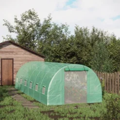 Outsunny 26' X 10' X 7' Walk-in Tunnel Hoop Greenhouse, PE Cover, Steel Frame, Roll-Up Zipper Door And Mesh Windows For Flowers And Vegetables, Green