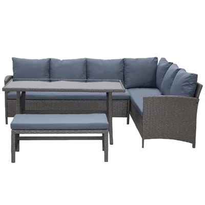 Outsunny 4 Pieces Patio Wicker Sofa Set, Outdoor PE Rattan Modern Furniture Set With Cushions & Dining Table, Bench For Garden, Backyard, Lawn - Image 3