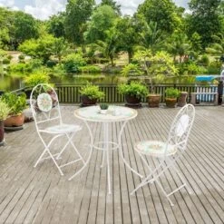 Outsunny 3 Piece Patio Bistro Set, Metal Folding Chairs, Foldable Outdoor Dining Table, Stone Flower Mosaic Spring Flower Pattern, White