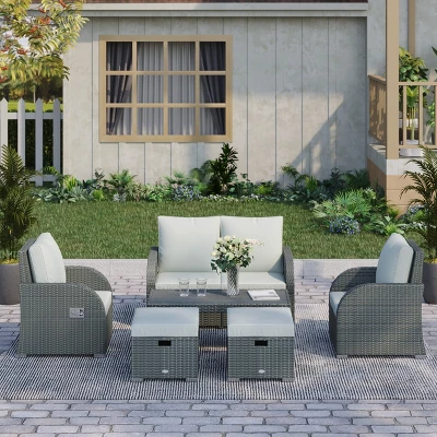 Outsunny 6-PCs Patio Furniture Sets Outdoor Wicker Sofa Set Rattan Recline Single Chair Conversation Set, Ottomans, Table Cushions
