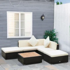 Outsunny 6 Piece Patio Furniture Set, Outdoor Rattan Sectional Sofa Couch With Chaise Lounge Sides, Coffee Table, Pillows & Cushions, Wood Trim, Gray