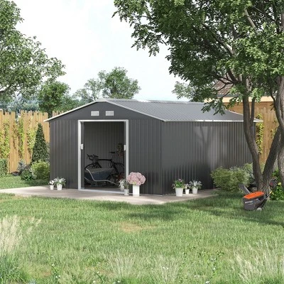 Outsunny 11' X 13' Metal Storage Shed Garden Tool House With Double Sliding Doors, 4 Air Vents For Backyard, Patio, Lawn Dark Gray