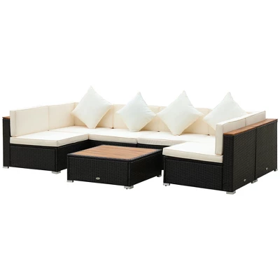 Outsunny 7-Piece Outdoor Wicker Sofa Set, PE Rattan Sectional Furniture Patio Couch W/ Acacia Top Coffee Table & Cushion For Garden, Backyard, - Image 2